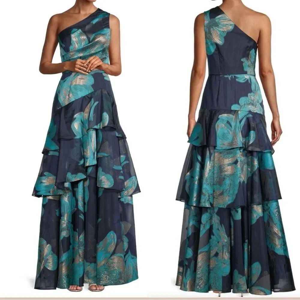 Aidan Mattox Jacquard Floral One Shoulder Gown